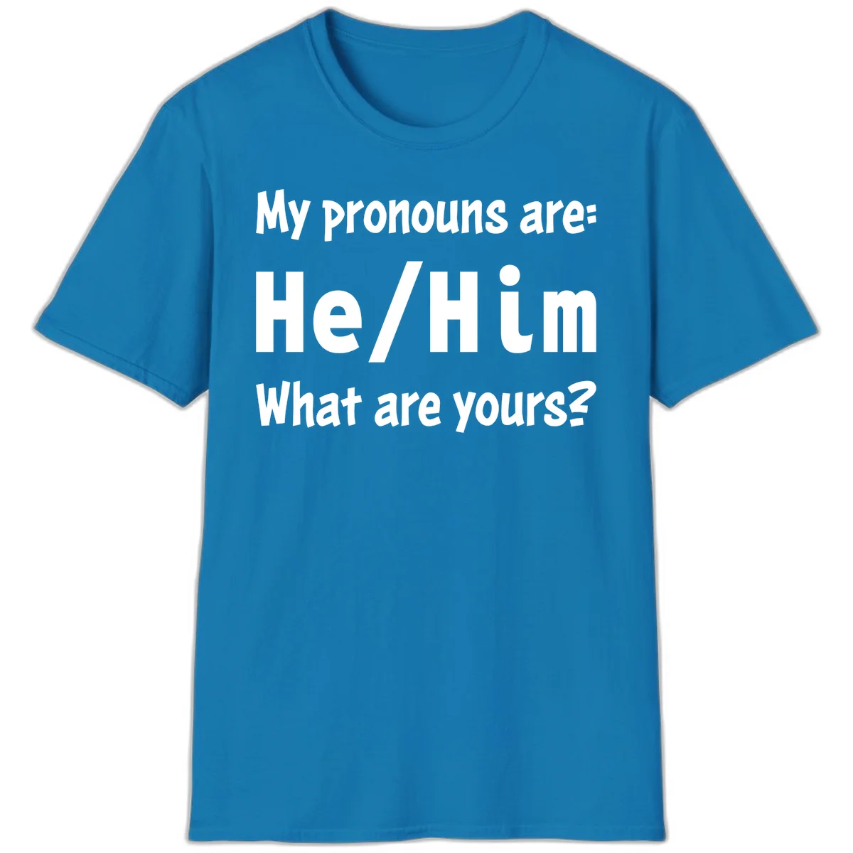 White text on gray background reading 'My pronouns are: He/Him What are yours?' - a he/him pronouns pride design in Sapphire
