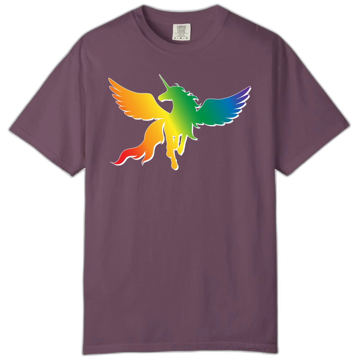 Rainbow-winged unicorn with flowing mane and horn, gradient colored from orange to purple in pride flag colors in Berry