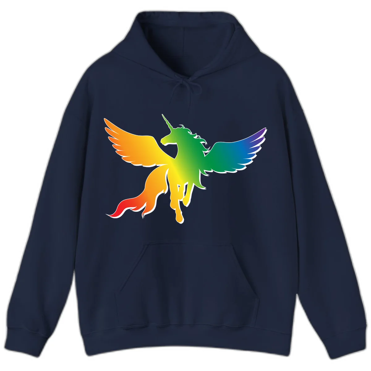 Rainbow-winged unicorn with flowing mane and horn, gradient colored from orange to purple in pride flag colors in Navy