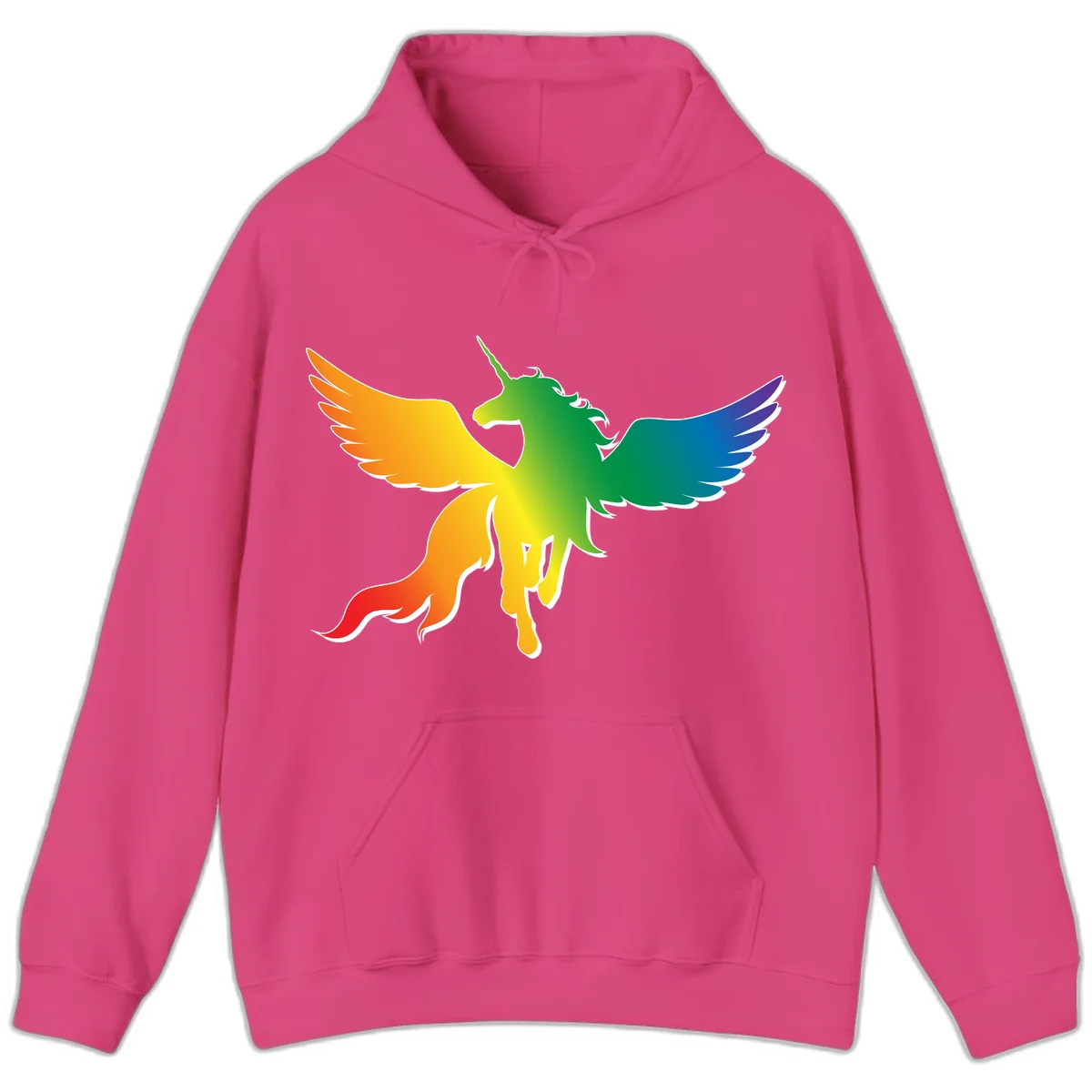 Rainbow-winged unicorn with flowing mane and horn, gradient colored from orange to purple in pride flag colors in Heliconia