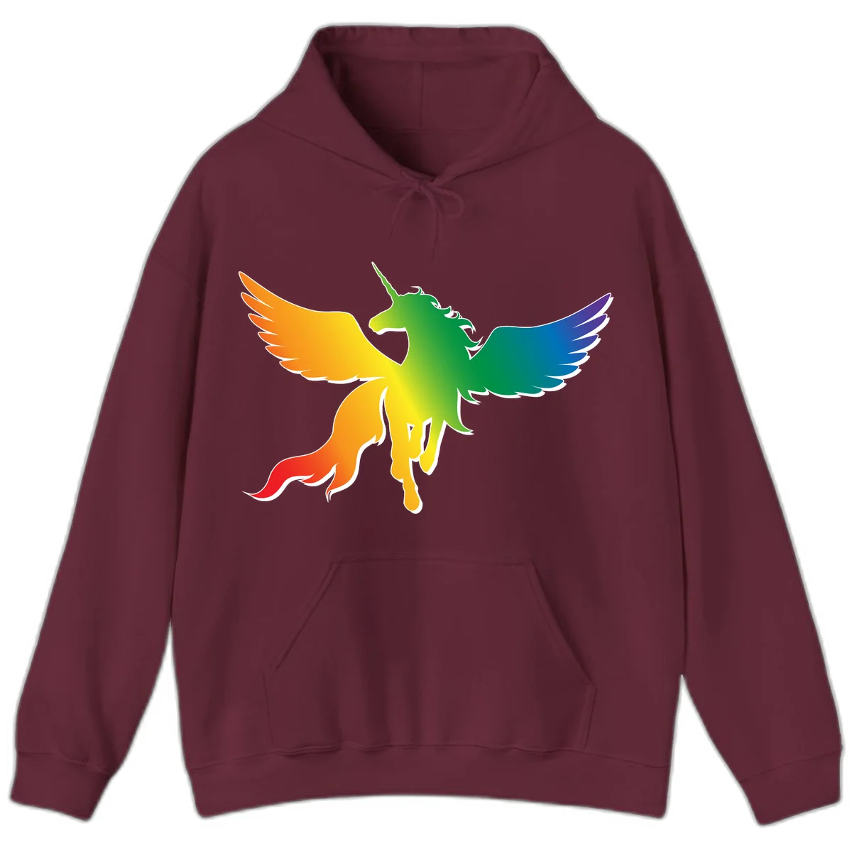 Rainbow-winged unicorn with flowing mane and horn, gradient colored from orange to purple in pride flag colors in Maroon