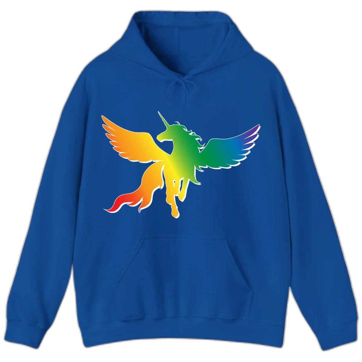 Rainbow-winged unicorn with flowing mane and horn, gradient colored from orange to purple in pride flag colors in Royal