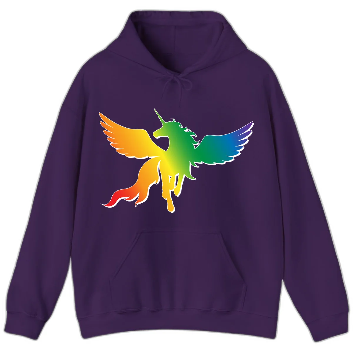 Rainbow-winged unicorn with flowing mane and horn, gradient colored from orange to purple in pride flag colors in Purple