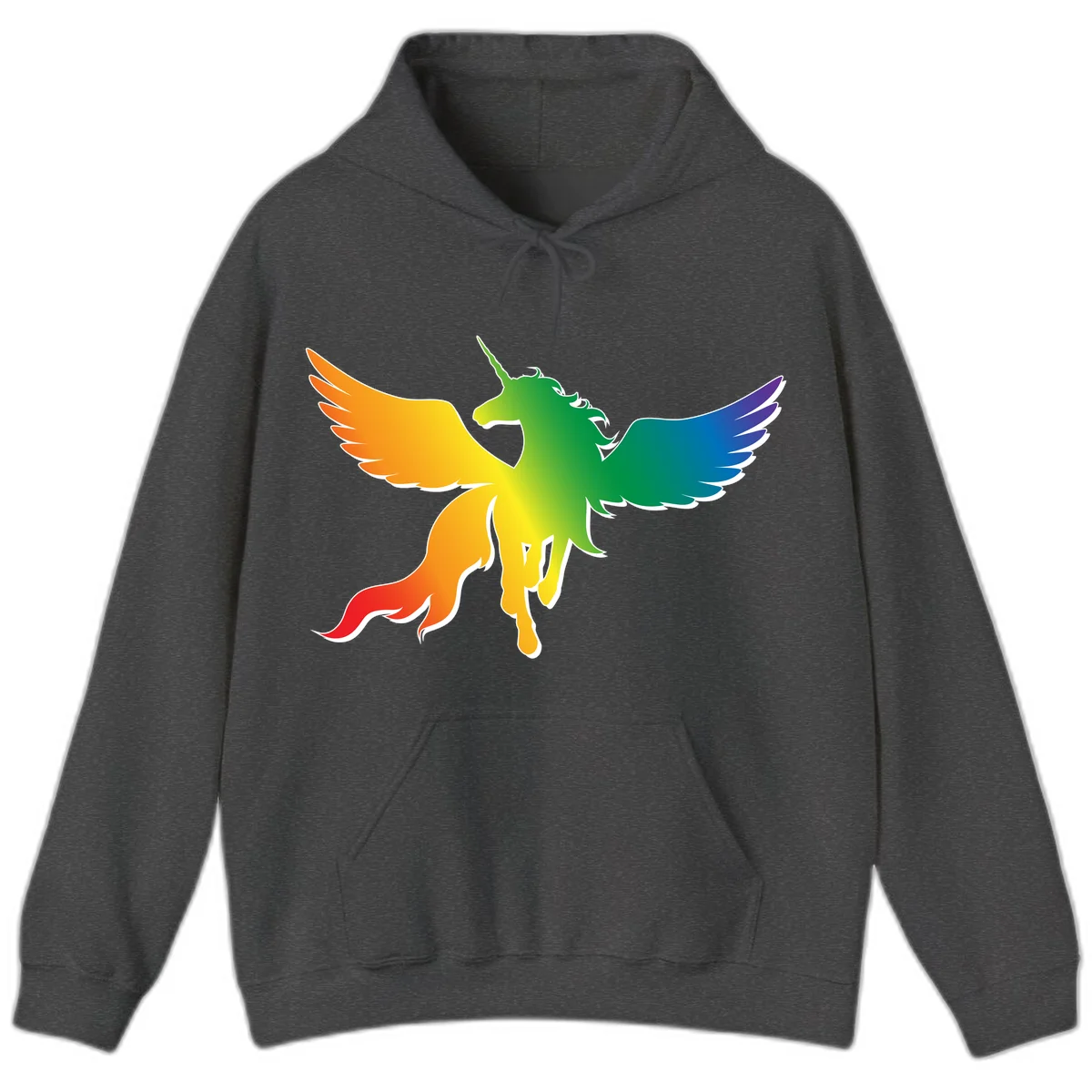 Rainbow-winged unicorn with flowing mane and horn, gradient colored from orange to purple in pride flag colors in Dark Heather