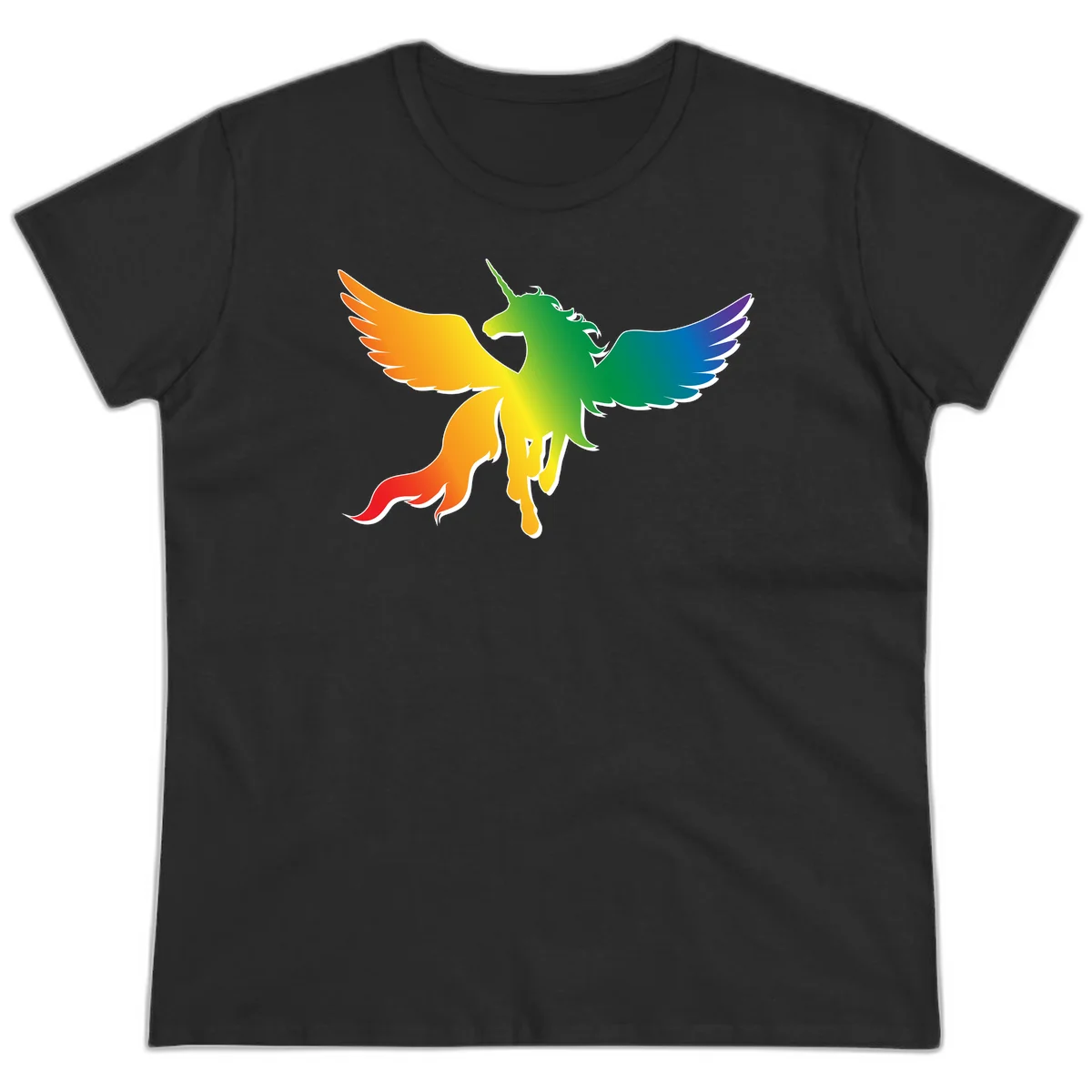 Rainbow-winged unicorn with flowing mane and horn, gradient colored from orange to purple in pride flag colors in Black