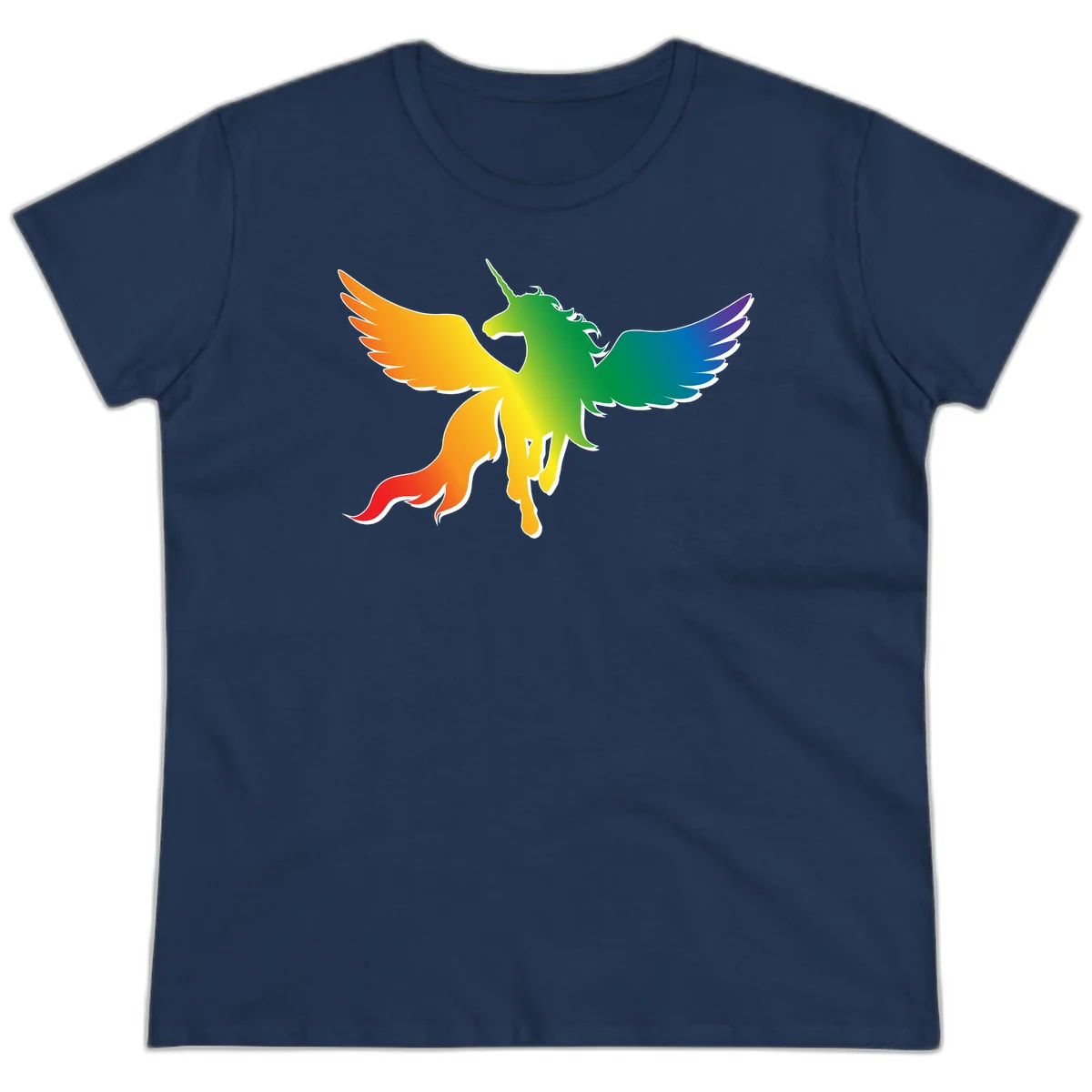 Rainbow-winged unicorn with flowing mane and horn, gradient colored from orange to purple in pride flag colors in Navy