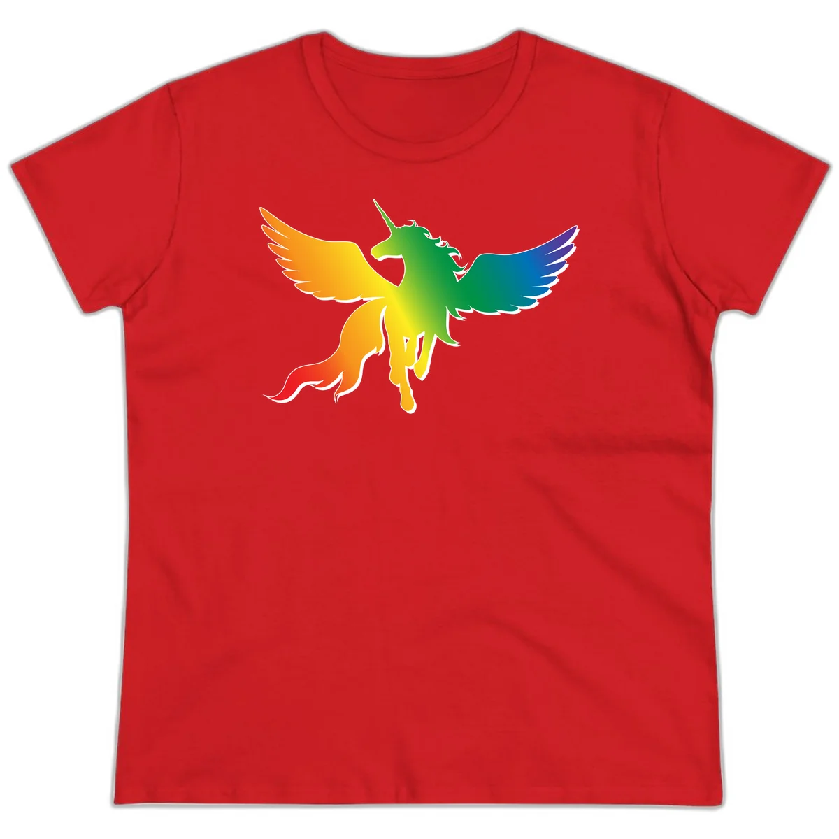 Rainbow-winged unicorn with flowing mane and horn, gradient colored from orange to purple in pride flag colors in Red
