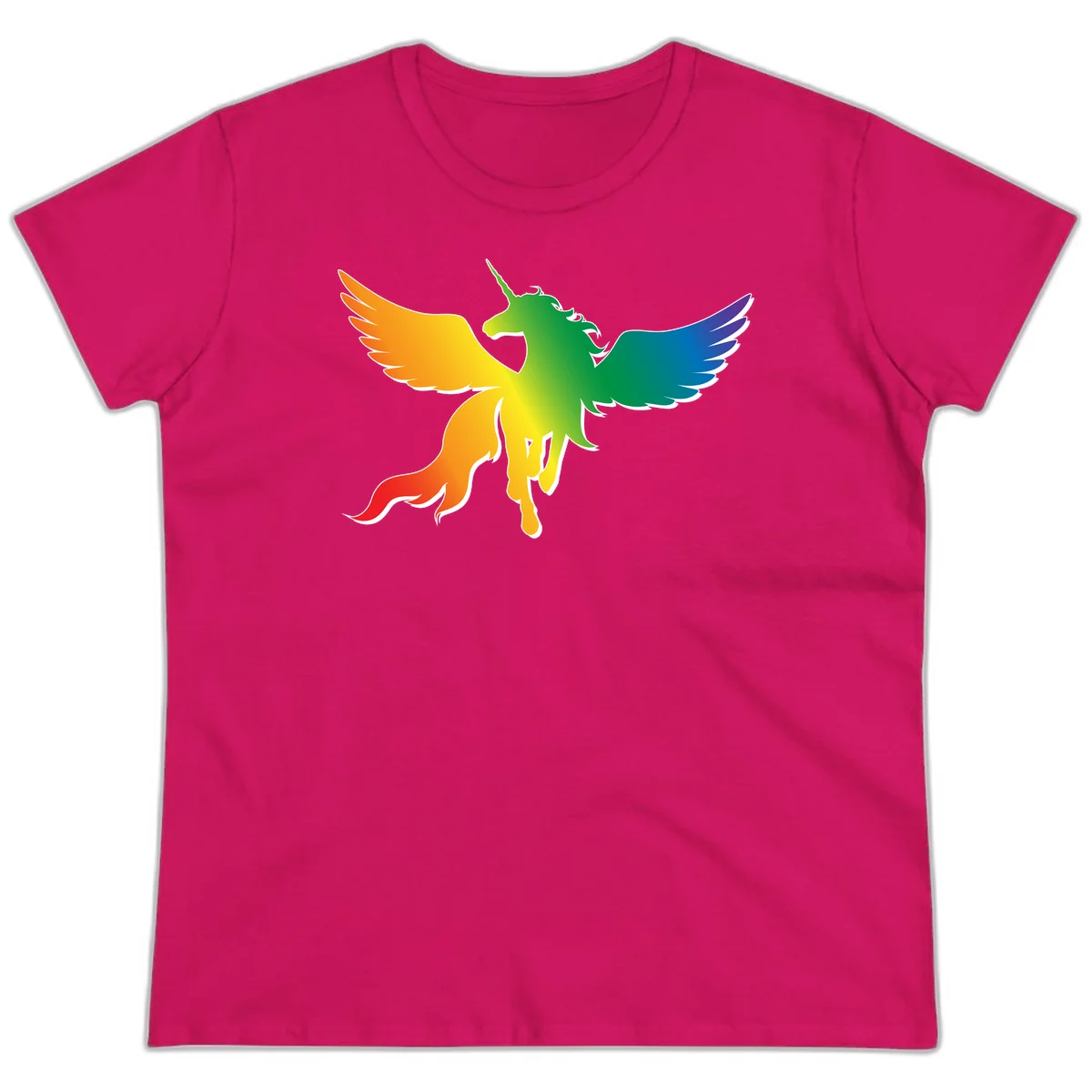 Rainbow-winged unicorn with flowing mane and horn, gradient colored from orange to purple in pride flag colors in Heliconia