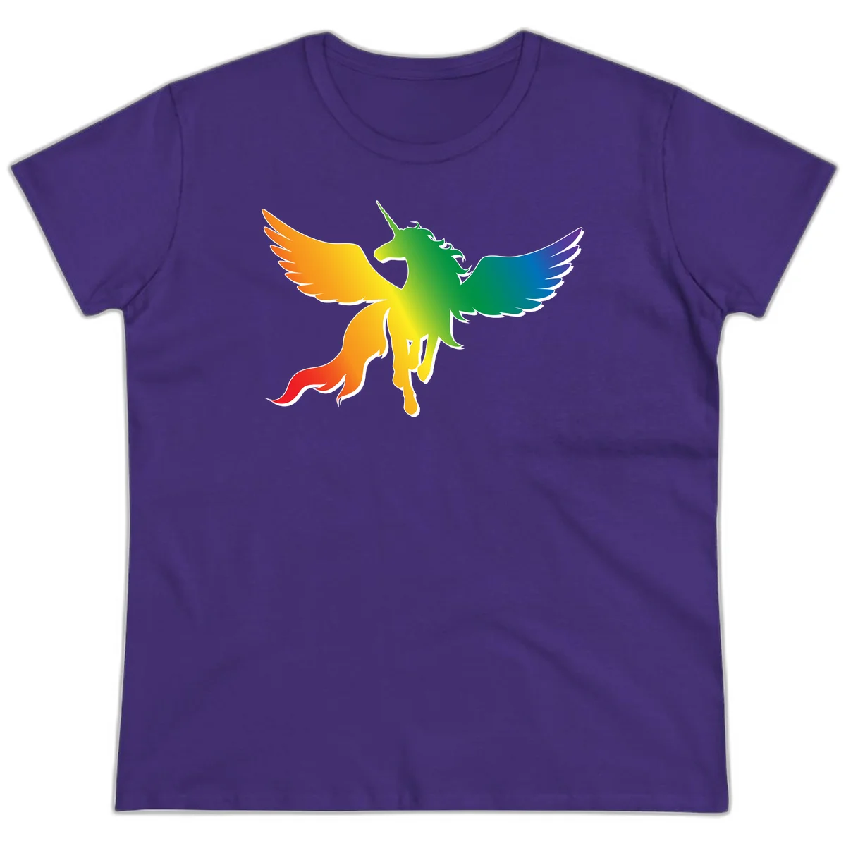 Rainbow-winged unicorn with flowing mane and horn, gradient colored from orange to purple in pride flag colors in Purple
