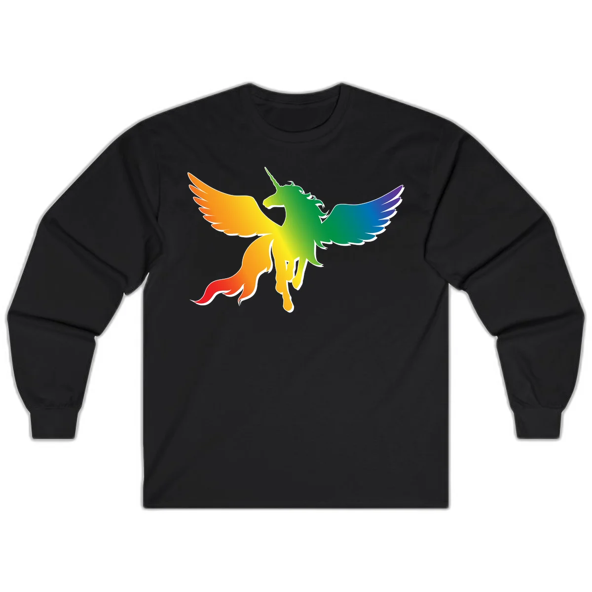 Rainbow-winged unicorn with flowing mane and horn, gradient colored from orange to purple in pride flag colors in Black