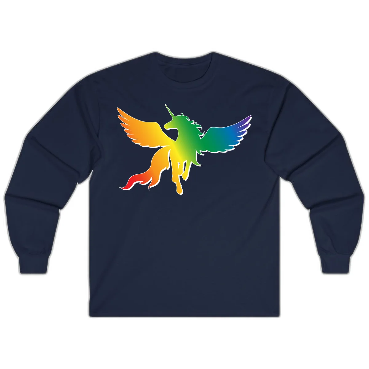 Rainbow-winged unicorn with flowing mane and horn, gradient colored from orange to purple in pride flag colors in Navy