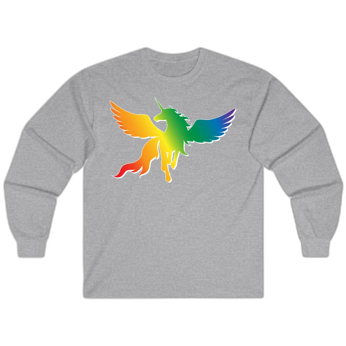 Rainbow-winged unicorn with flowing mane and horn, gradient colored from orange to purple in pride flag colors in Sport Grey