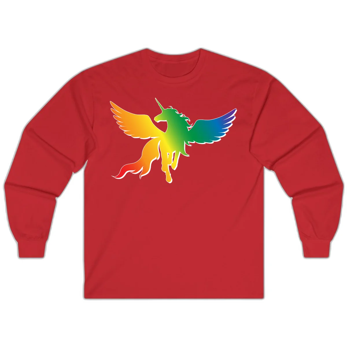 Rainbow-winged unicorn with flowing mane and horn, gradient colored from orange to purple in pride flag colors in Red