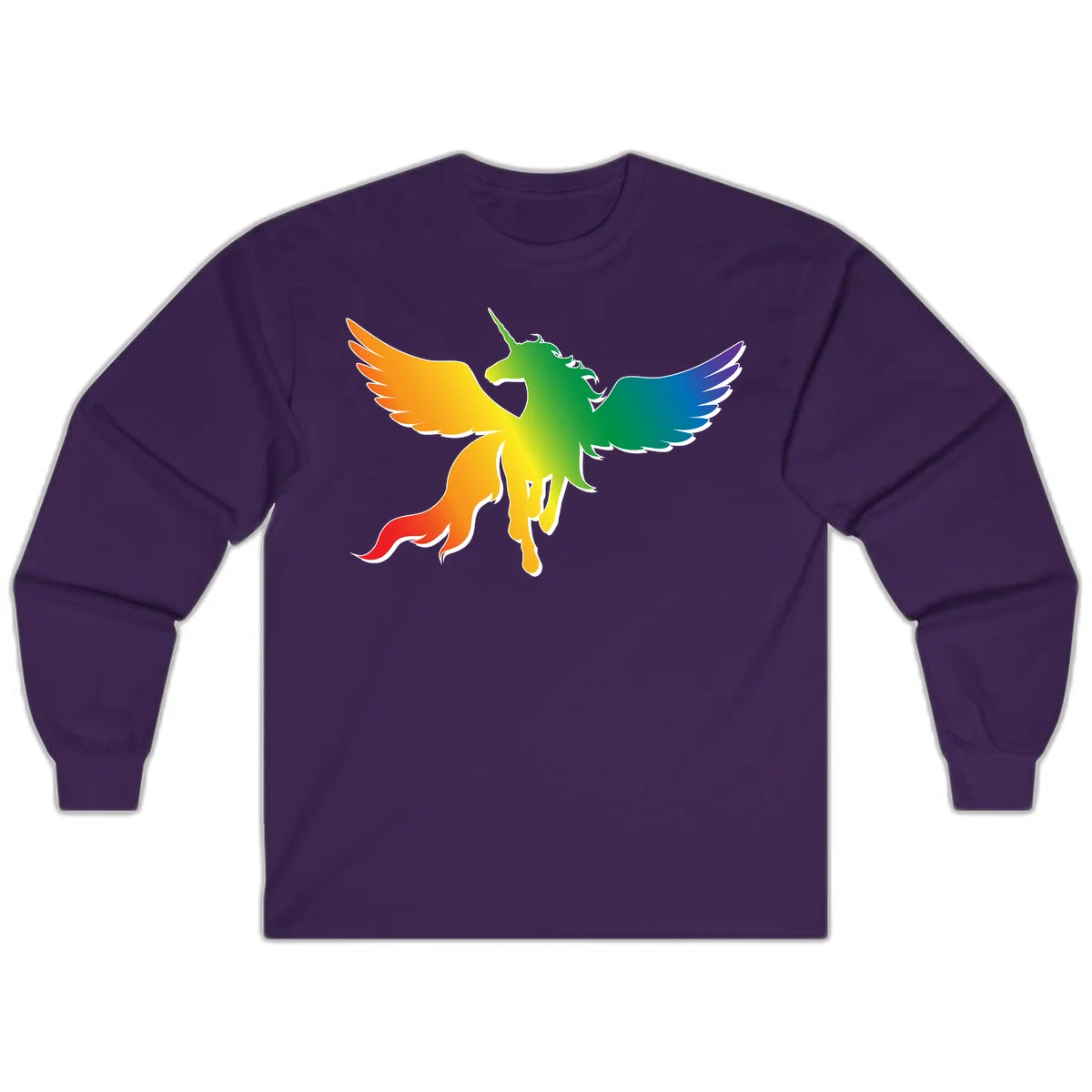 Rainbow-winged unicorn with flowing mane and horn, gradient colored from orange to purple in pride flag colors in Purple