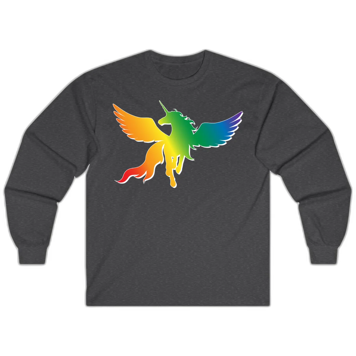 Rainbow-winged unicorn with flowing mane and horn, gradient colored from orange to purple in pride flag colors in Dark Heather