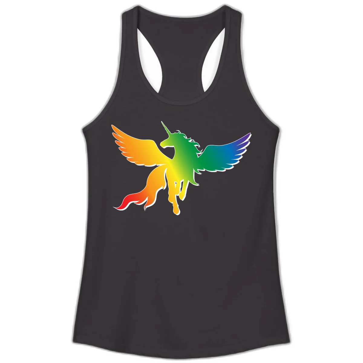 Rainbow-winged unicorn with flowing mane and horn, gradient colored from orange to purple in pride flag colors in Black
