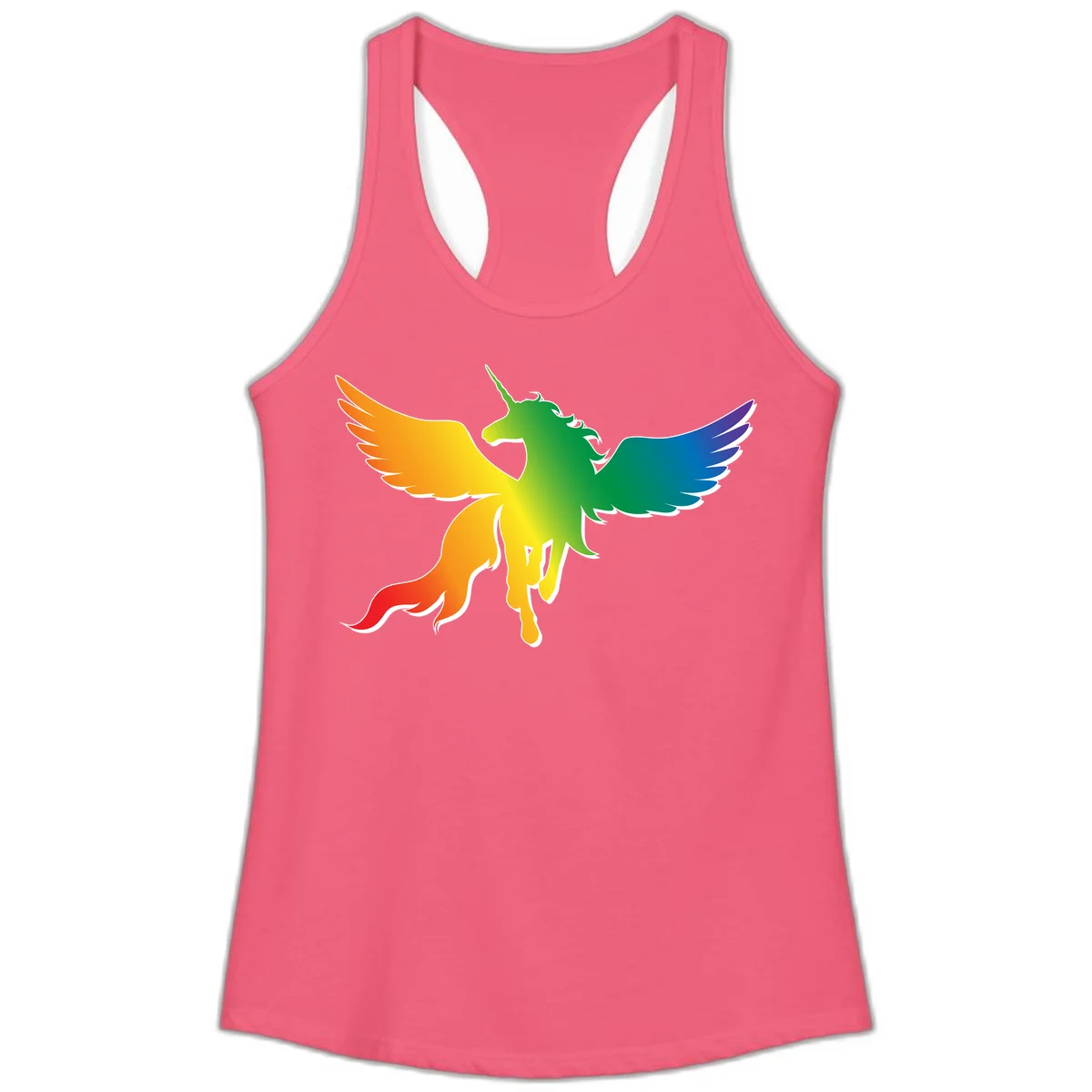 Rainbow-winged unicorn with flowing mane and horn, gradient colored from orange to purple in pride flag colors in Hot Pink
