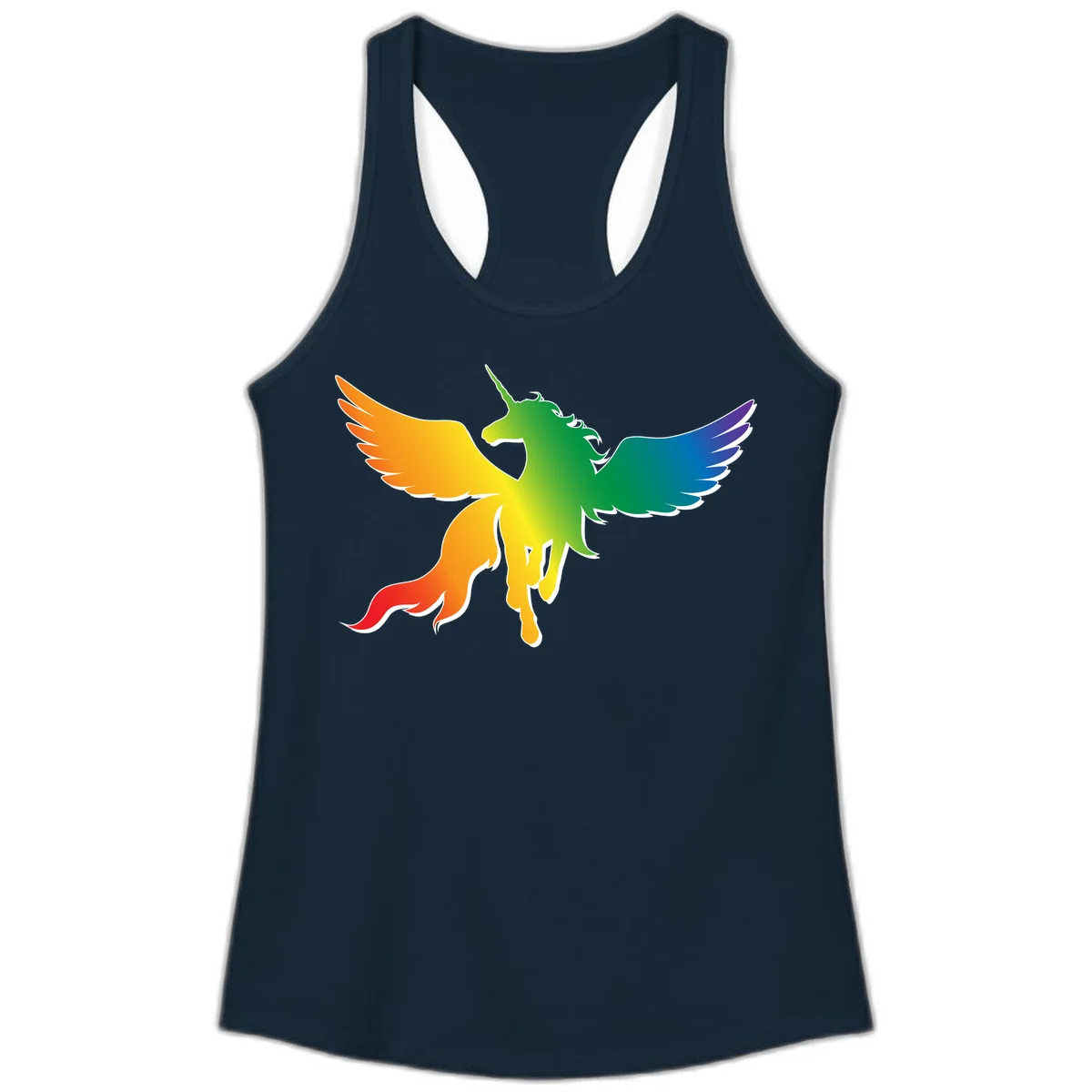 Rainbow-winged unicorn with flowing mane and horn, gradient colored from orange to purple in pride flag colors in Solid Midnight Navy