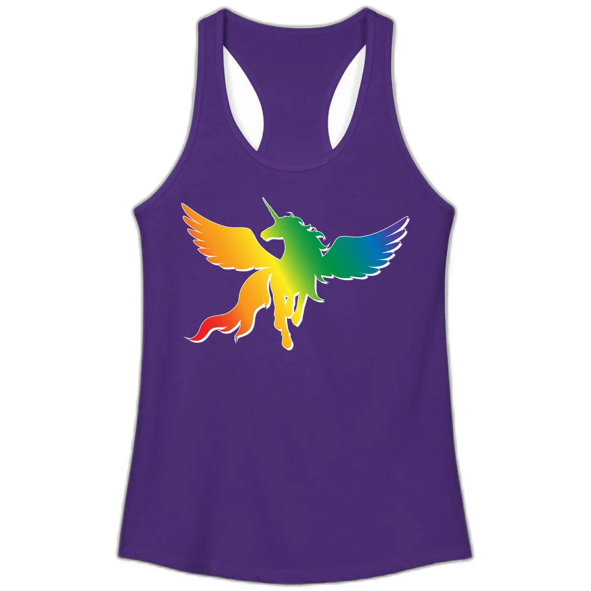 Rainbow-winged unicorn with flowing mane and horn, gradient colored from orange to purple in pride flag colors in Solid Purple Rush
