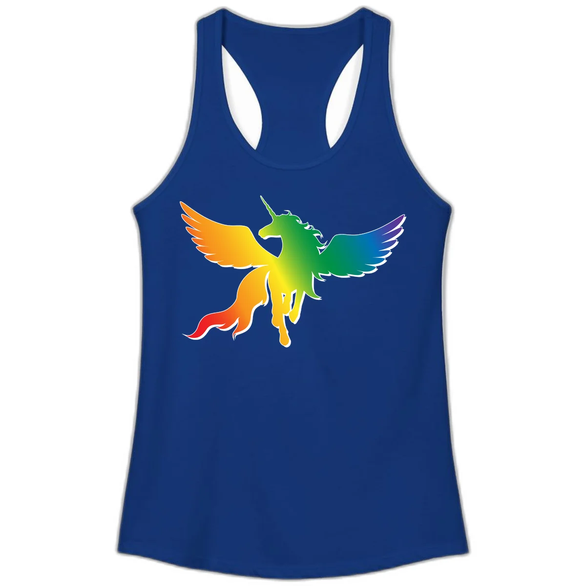 Rainbow-winged unicorn with flowing mane and horn, gradient colored from orange to purple in pride flag colors in Solid Royal