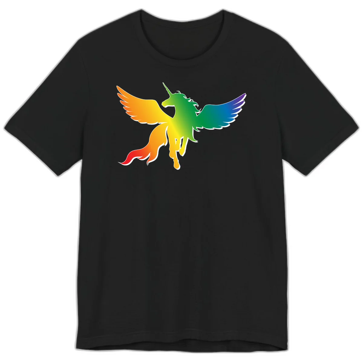 Rainbow-winged unicorn with flowing mane and horn, gradient colored from orange to purple in pride flag colors in Black