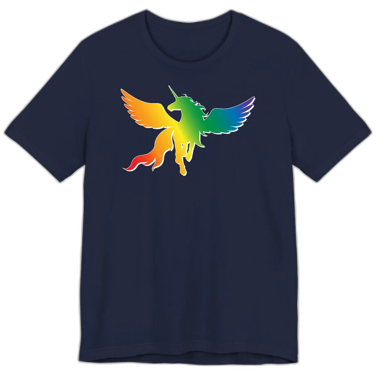 Rainbow-winged unicorn with flowing mane and horn, gradient colored from orange to purple in pride flag colors in Navy