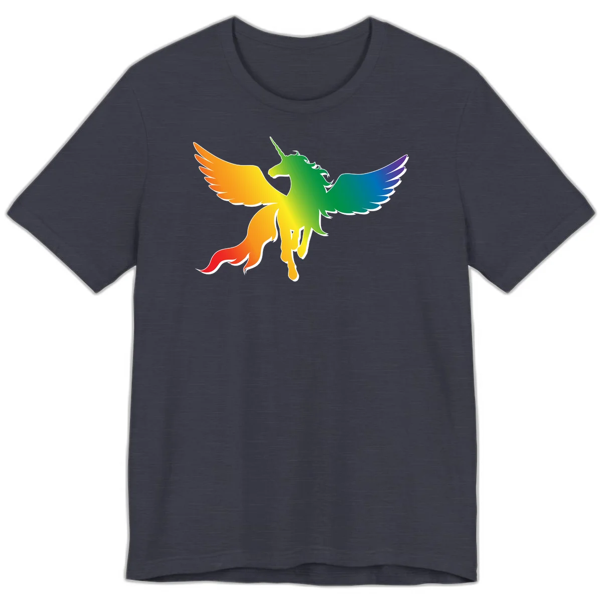 Rainbow-winged unicorn with flowing mane and horn, gradient colored from orange to purple in pride flag colors in Heather Midnight Navy