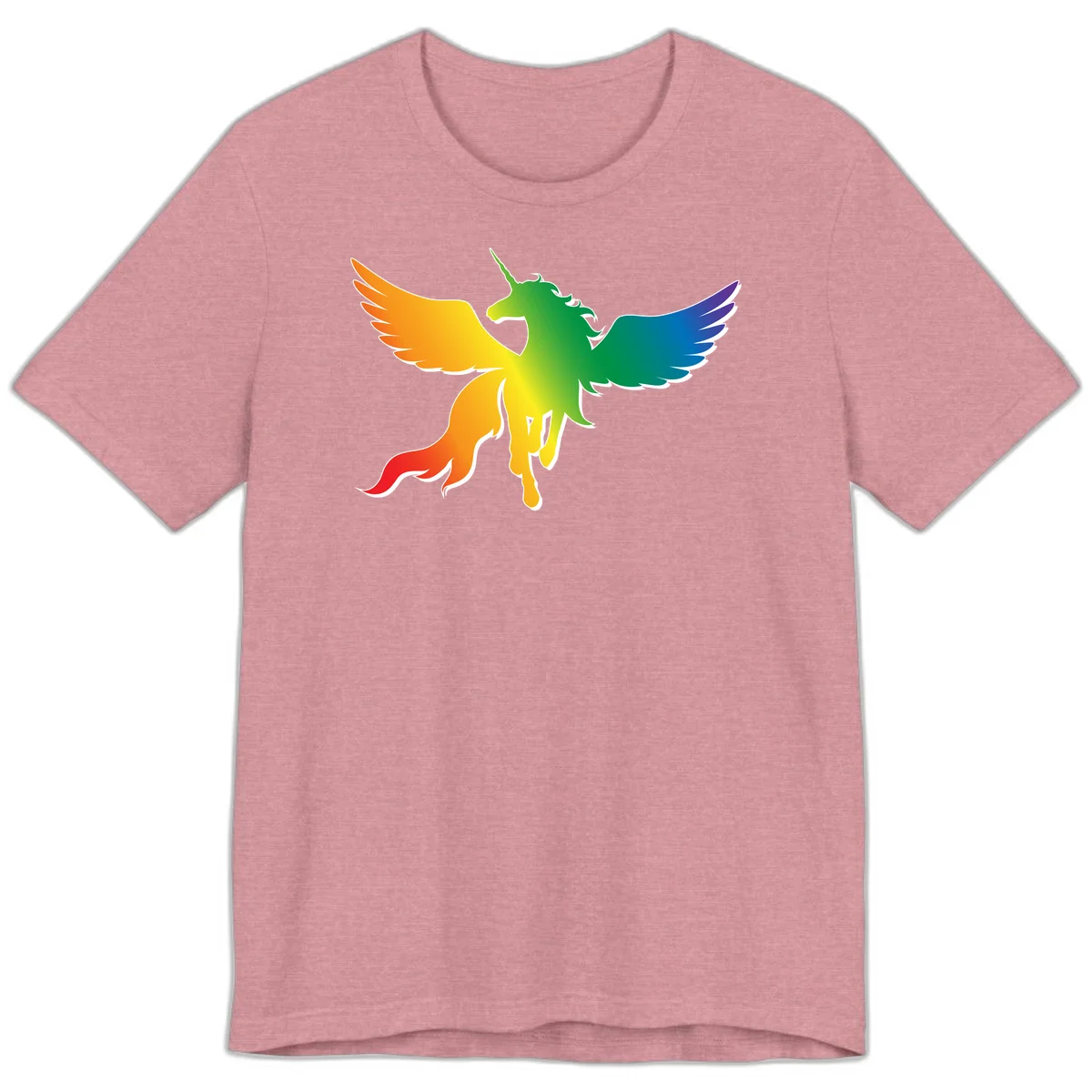 Rainbow-winged unicorn with flowing mane and horn, gradient colored from orange to purple in pride flag colors in Heather Orchid