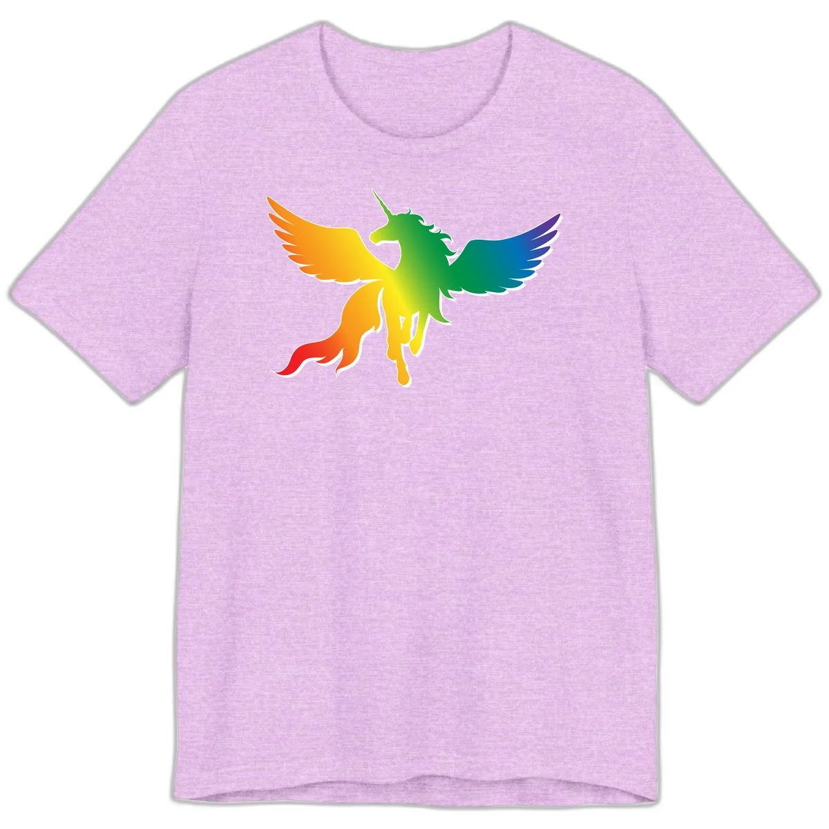 Rainbow-winged unicorn with flowing mane and horn, gradient colored from orange to purple in pride flag colors in Heather Prism Lilac