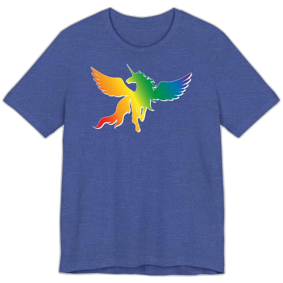 Rainbow-winged unicorn with flowing mane and horn, gradient colored from orange to purple in pride flag colors in Heather True Royal