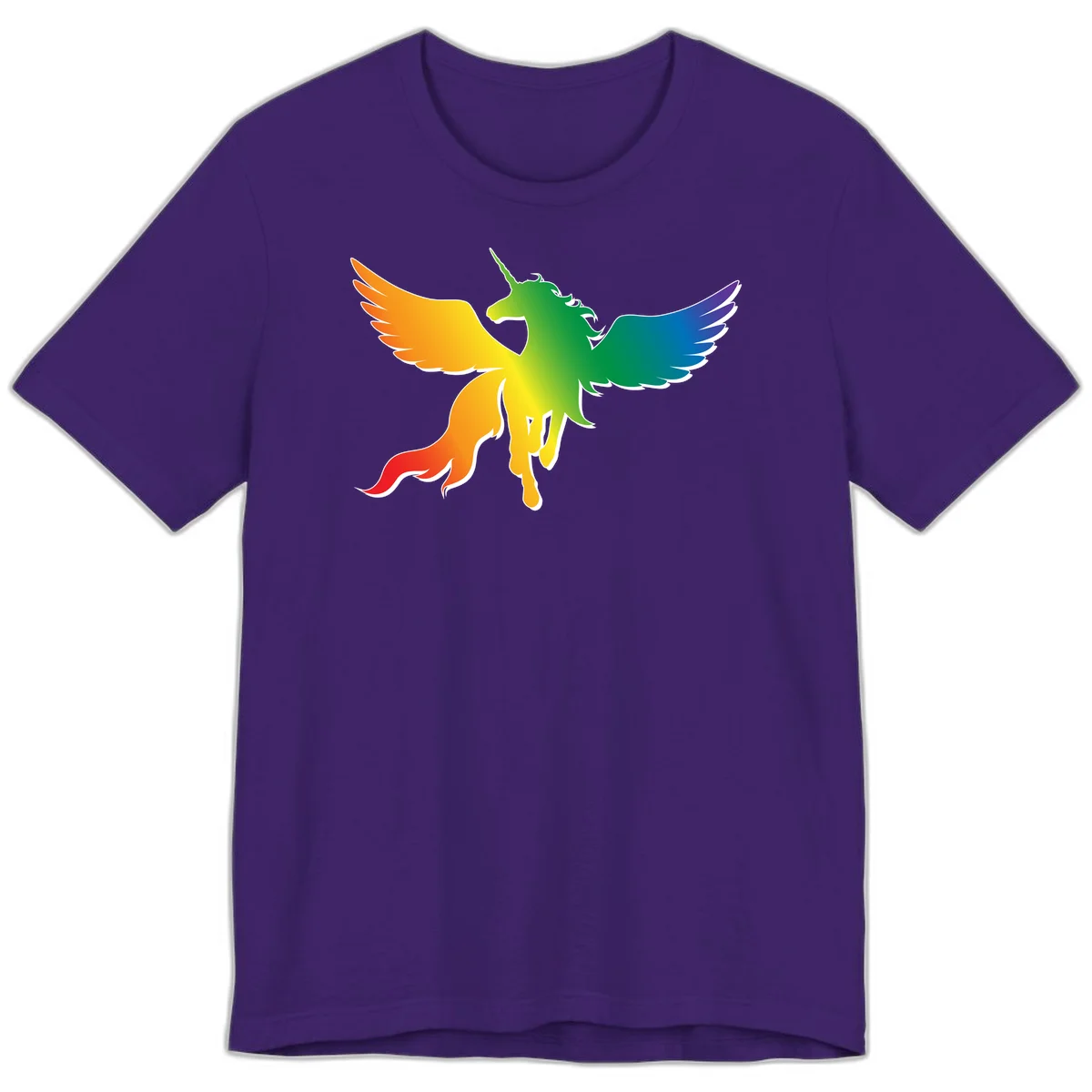 Rainbow-winged unicorn with flowing mane and horn, gradient colored from orange to purple in pride flag colors in Team Purple