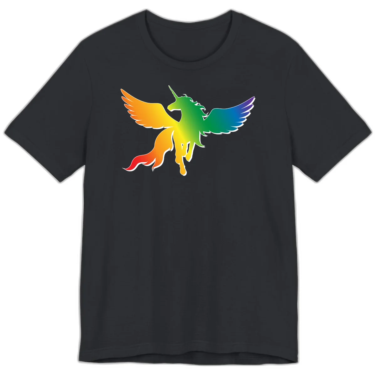 Rainbow-winged unicorn with flowing mane and horn, gradient colored from orange to purple in pride flag colors in Vintage Black