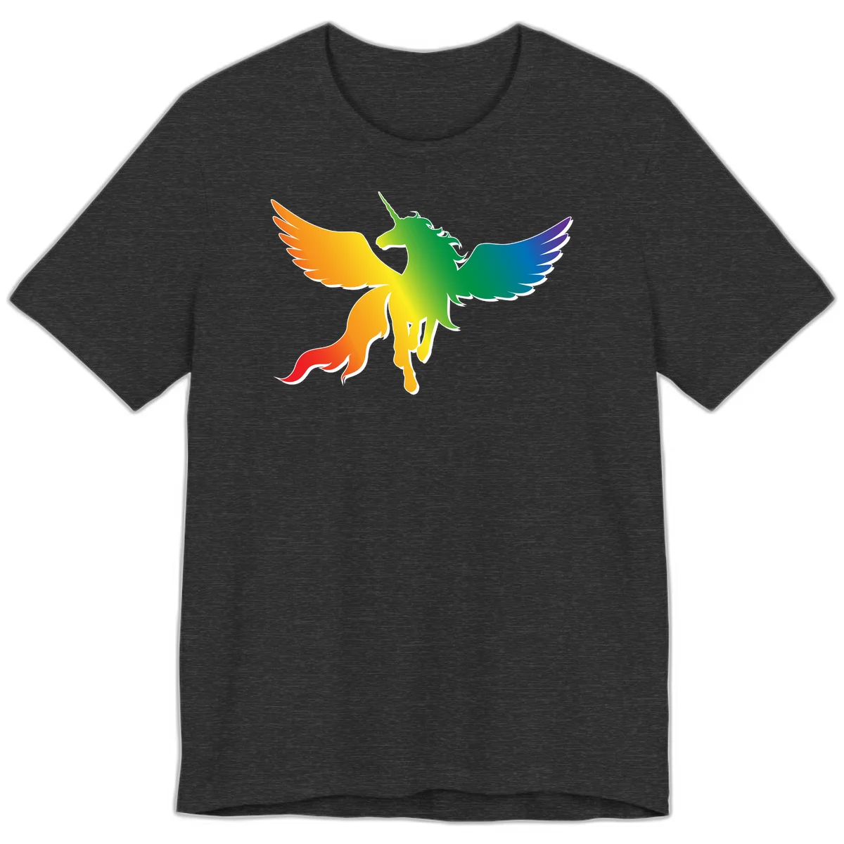 Rainbow-winged unicorn with flowing mane and horn, gradient colored from orange to purple in pride flag colors in Dark Grey Heather