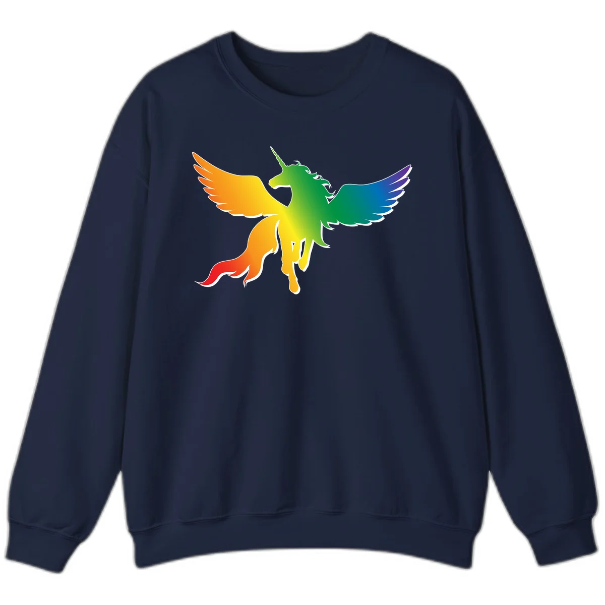 Rainbow-winged unicorn with flowing mane and horn, gradient colored from orange to purple in pride flag colors in Navy