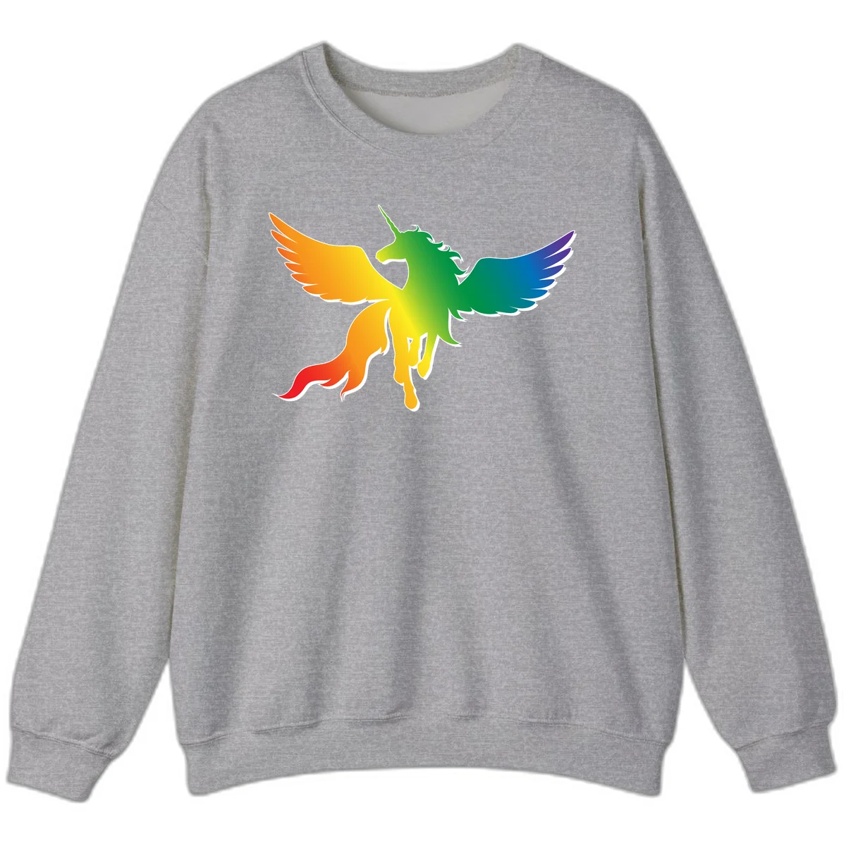 Rainbow-winged unicorn with flowing mane and horn, gradient colored from orange to purple in pride flag colors in Sport Grey