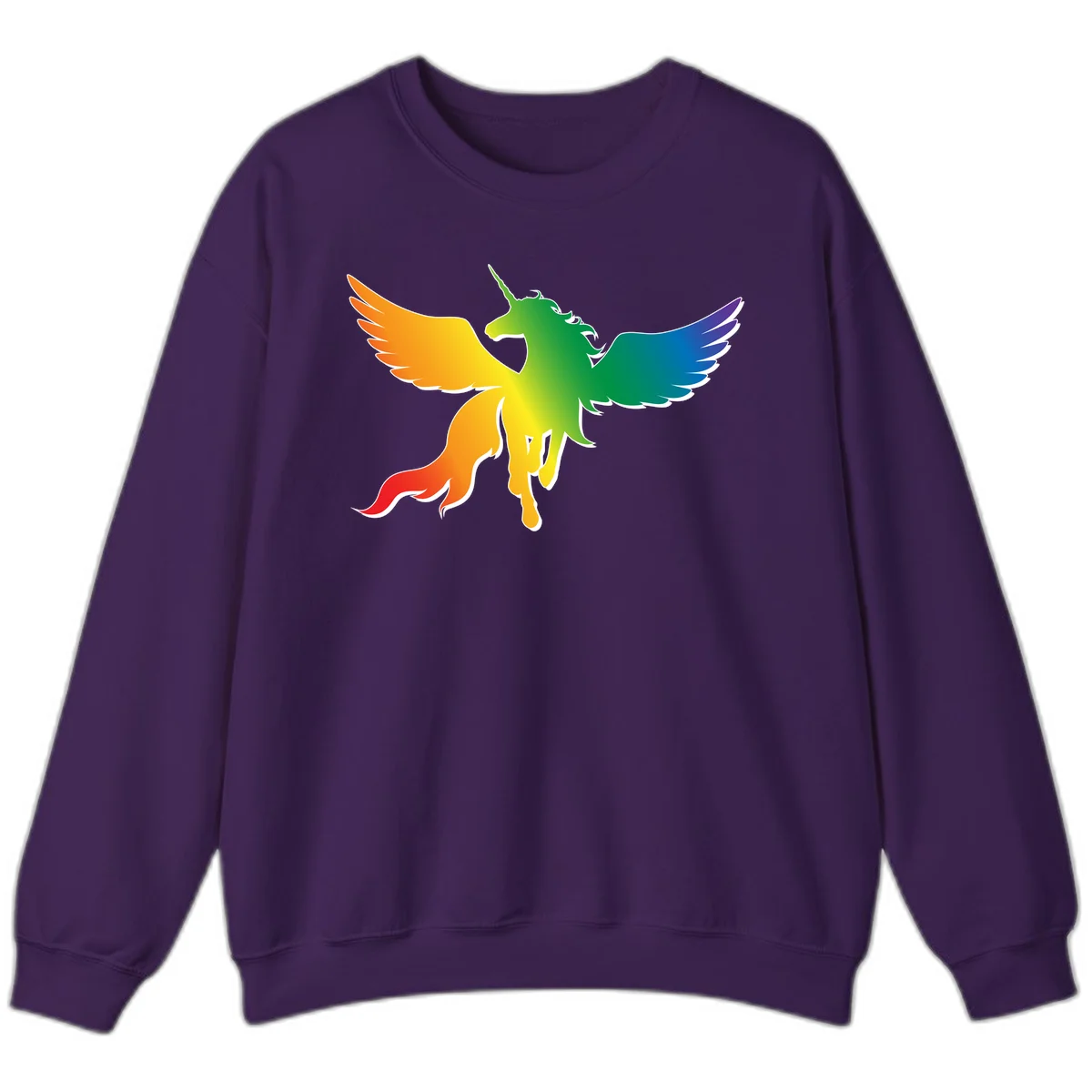 Rainbow-winged unicorn with flowing mane and horn, gradient colored from orange to purple in pride flag colors in Purple