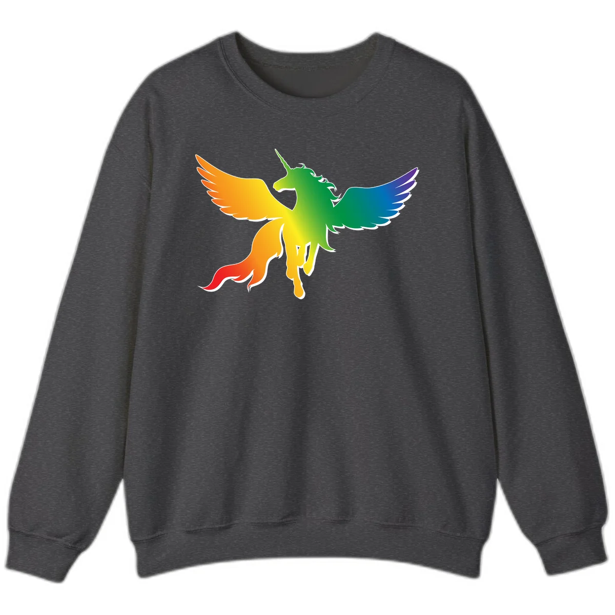 Rainbow-winged unicorn with flowing mane and horn, gradient colored from orange to purple in pride flag colors in Dark Heather