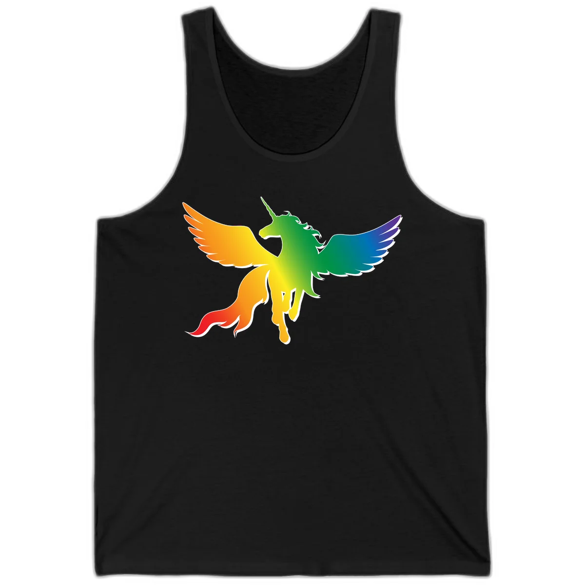 Rainbow-winged unicorn with flowing mane and horn, gradient colored from orange to purple in pride flag colors in Black
