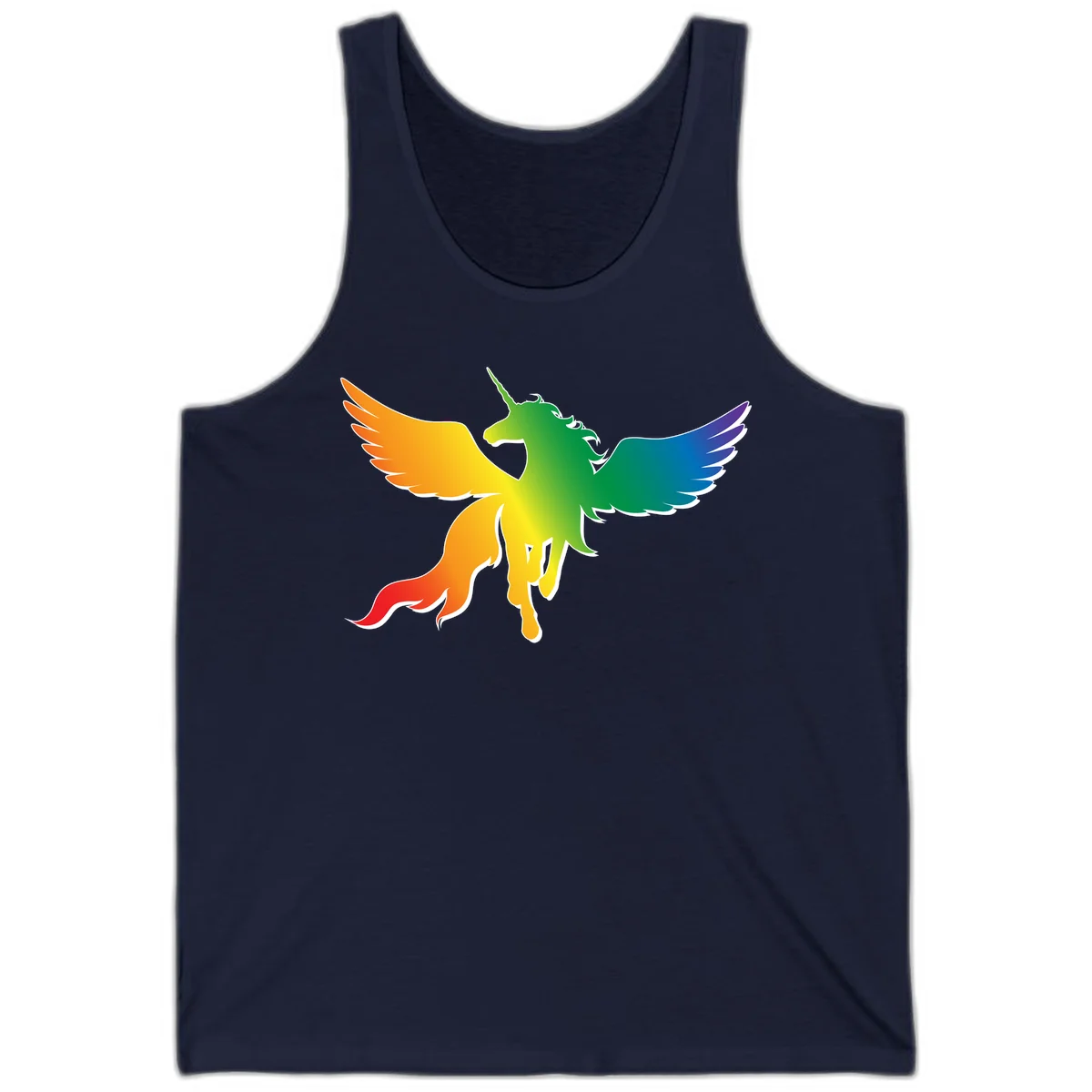 Rainbow-winged unicorn with flowing mane and horn, gradient colored from orange to purple in pride flag colors in Navy