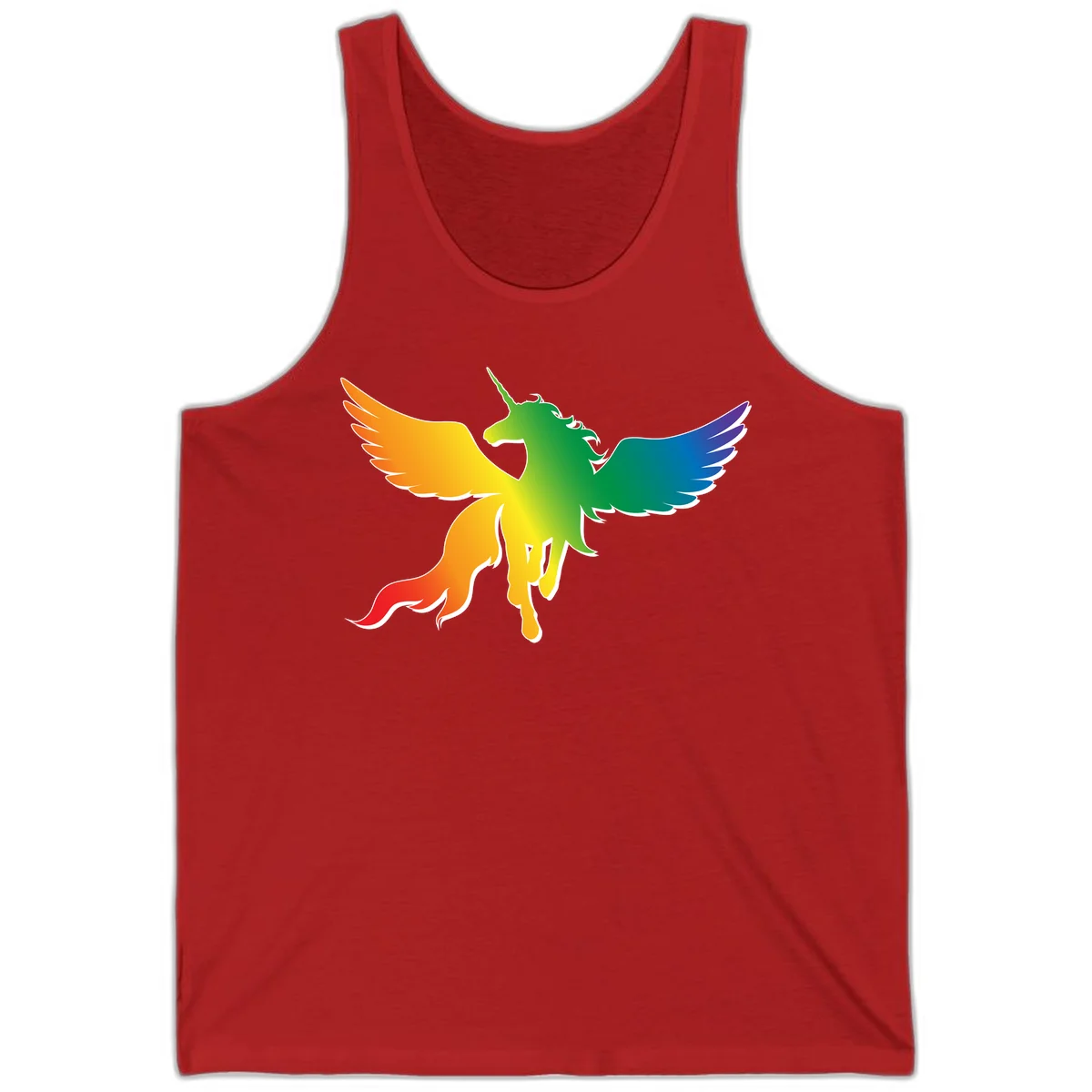 Rainbow-winged unicorn with flowing mane and horn, gradient colored from orange to purple in pride flag colors in Red
