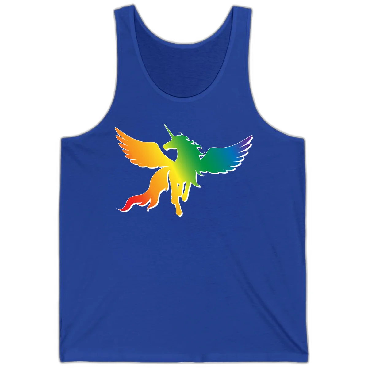 Rainbow-winged unicorn with flowing mane and horn, gradient colored from orange to purple in pride flag colors in True Royal