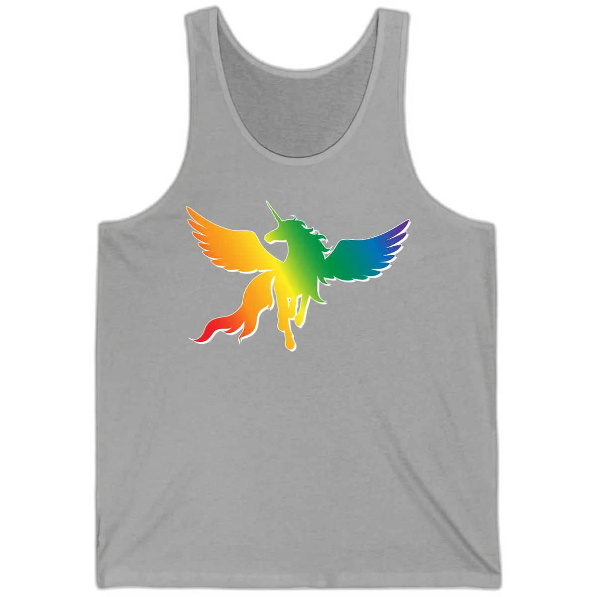 Rainbow-winged unicorn with flowing mane and horn, gradient colored from orange to purple in pride flag colors in Athletic Heather