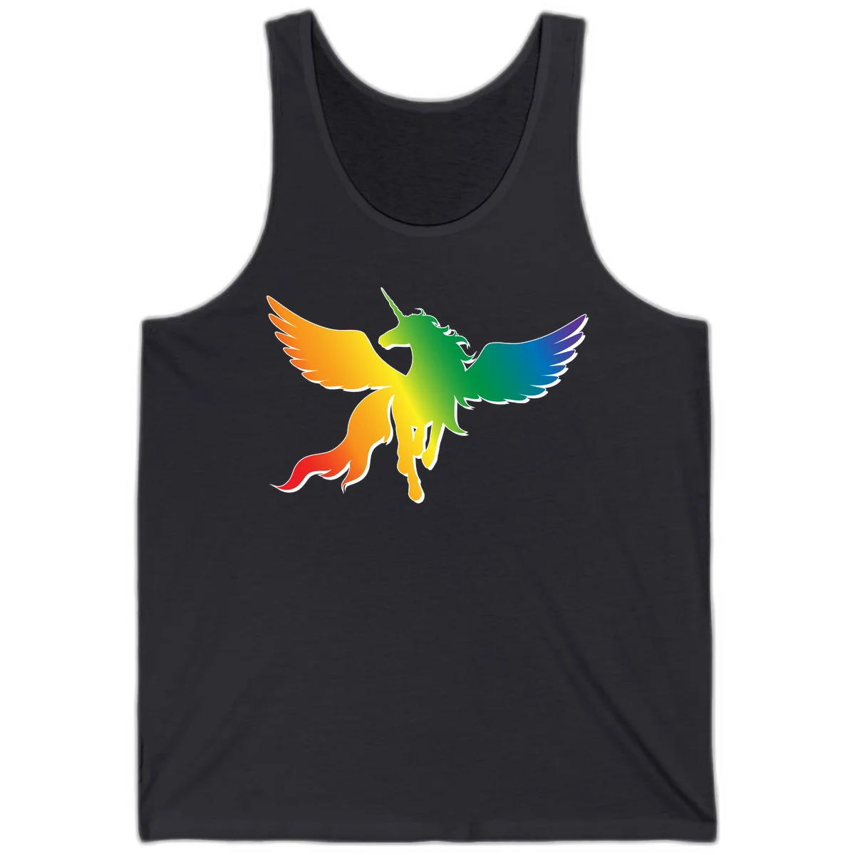 Rainbow-winged unicorn with flowing mane and horn, gradient colored from orange to purple in pride flag colors in Dark Grey