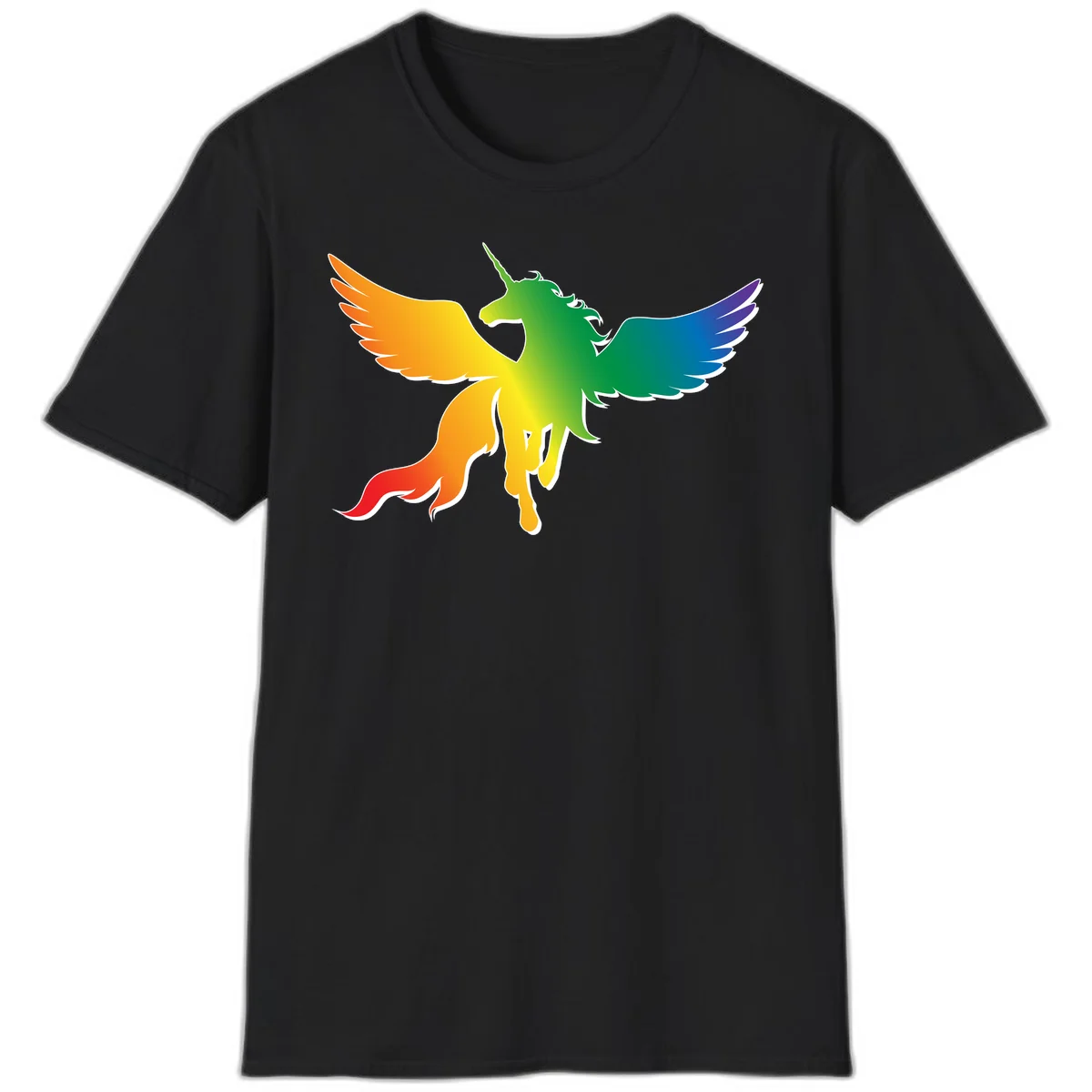 Rainbow-winged unicorn with flowing mane and horn, gradient colored from orange to purple in pride flag colors in Black