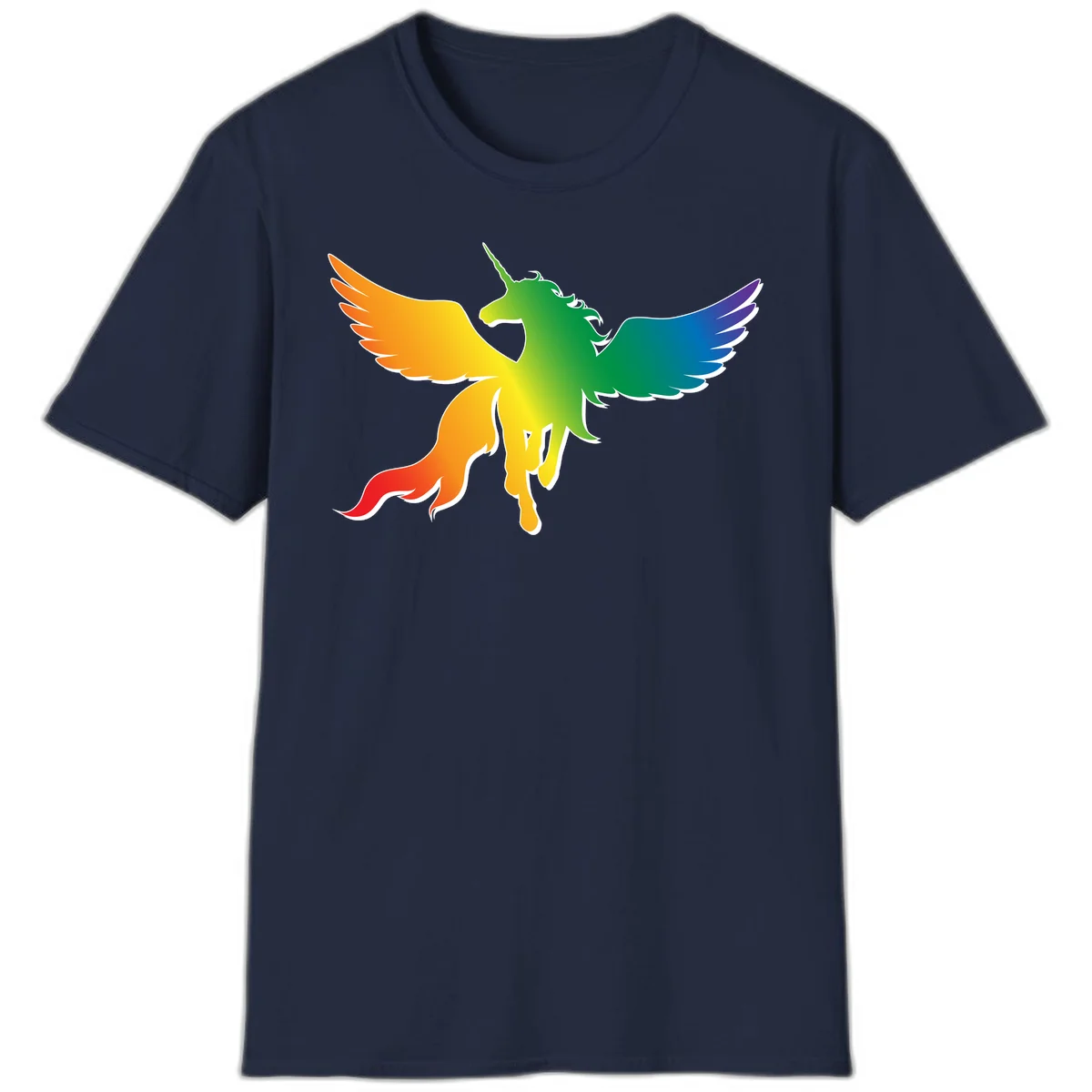 Rainbow-winged unicorn with flowing mane and horn, gradient colored from orange to purple in pride flag colors in Navy