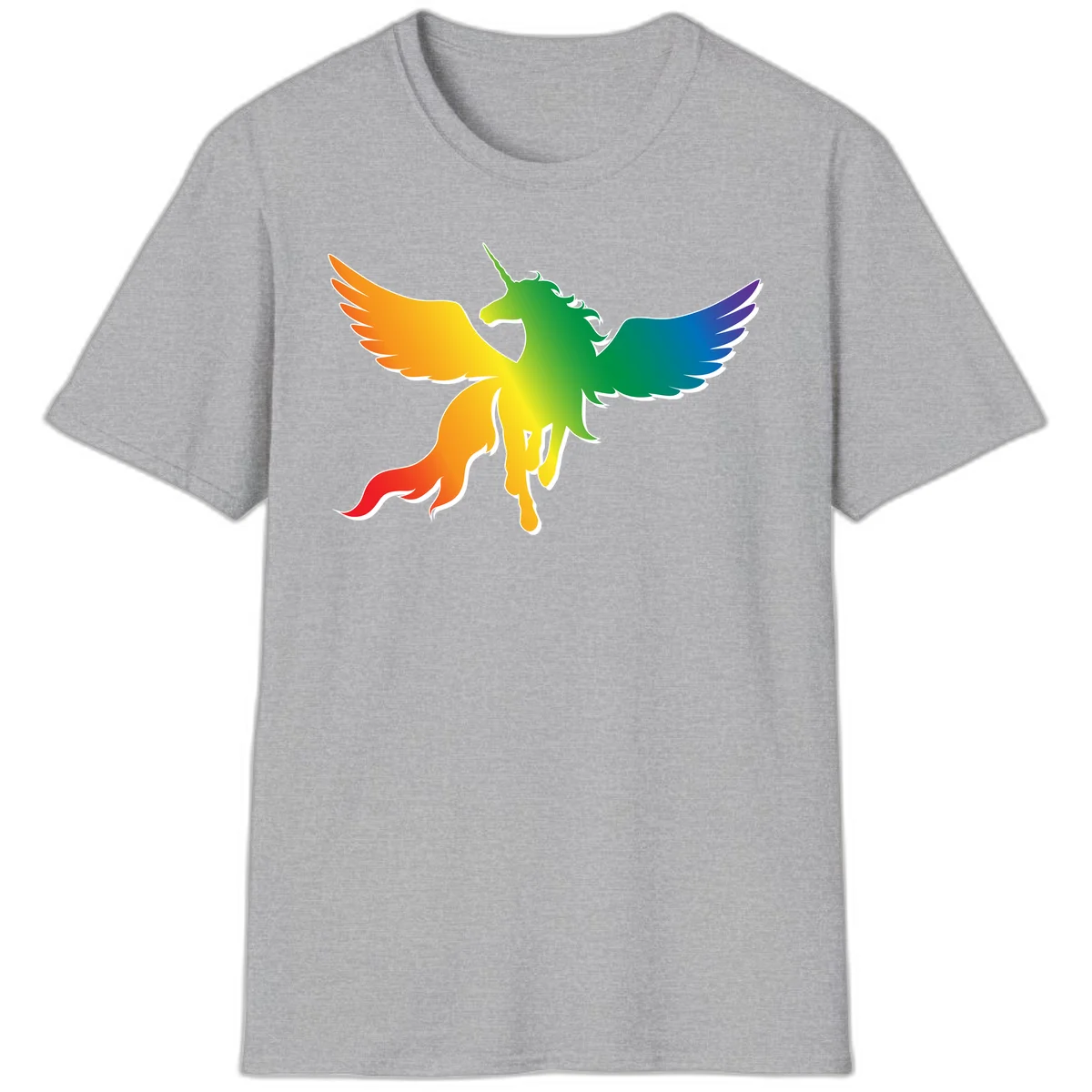 Rainbow-winged unicorn with flowing mane and horn, gradient colored from orange to purple in pride flag colors in Sport Grey