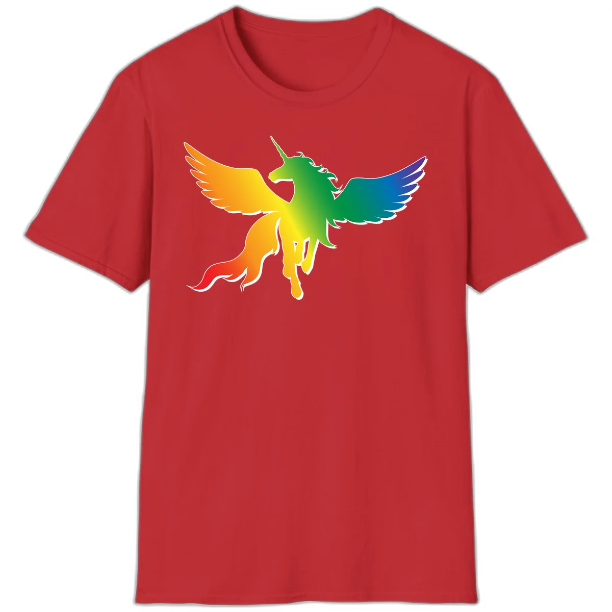 Rainbow-winged unicorn with flowing mane and horn, gradient colored from orange to purple in pride flag colors in Red