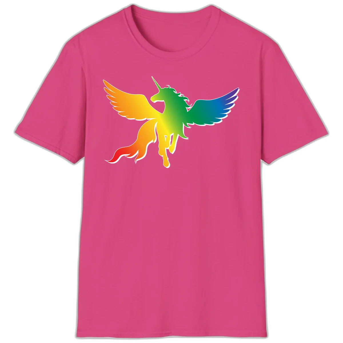 Rainbow-winged unicorn with flowing mane and horn, gradient colored from orange to purple in pride flag colors in Heliconia