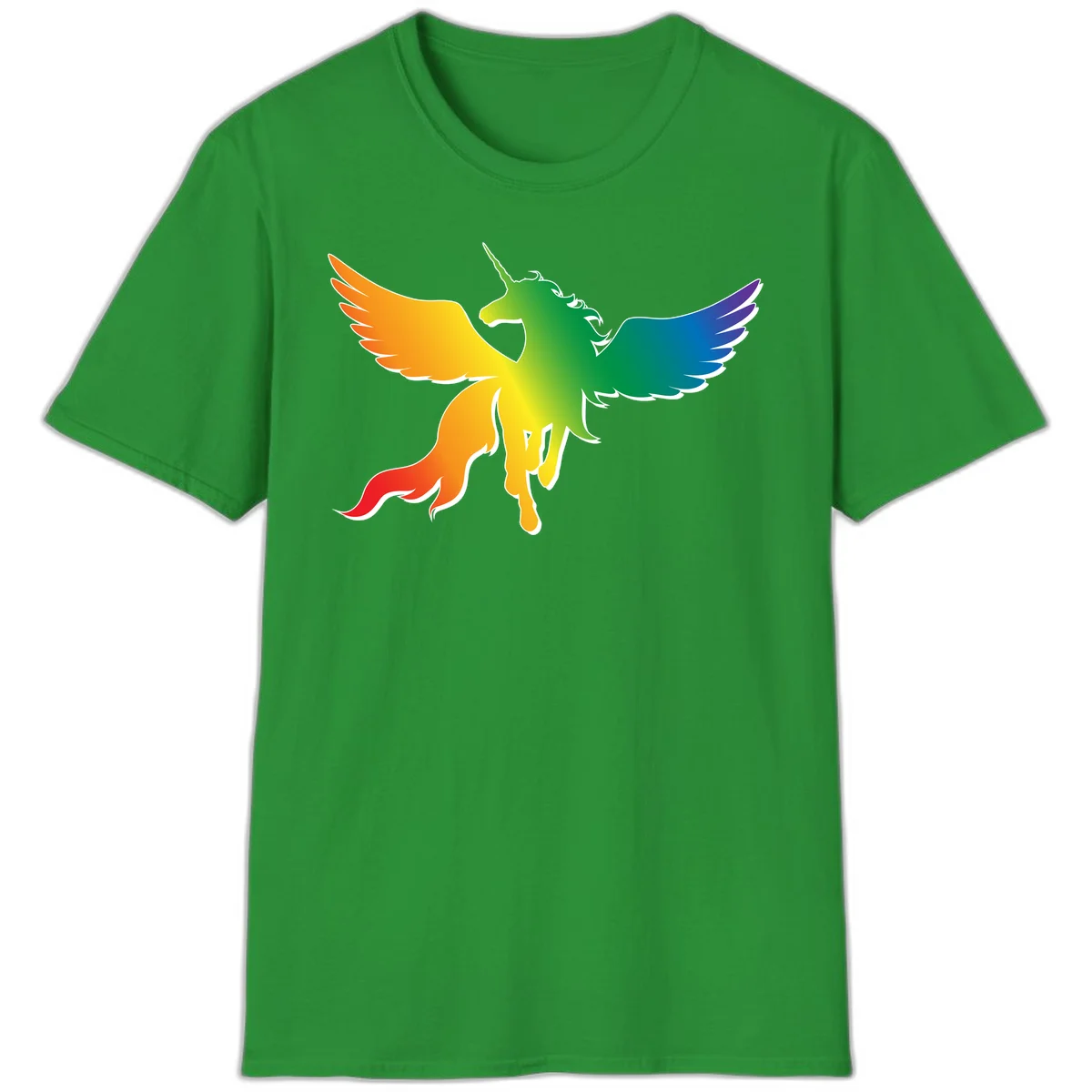 Rainbow-winged unicorn with flowing mane and horn, gradient colored from orange to purple in pride flag colors in Irish Green