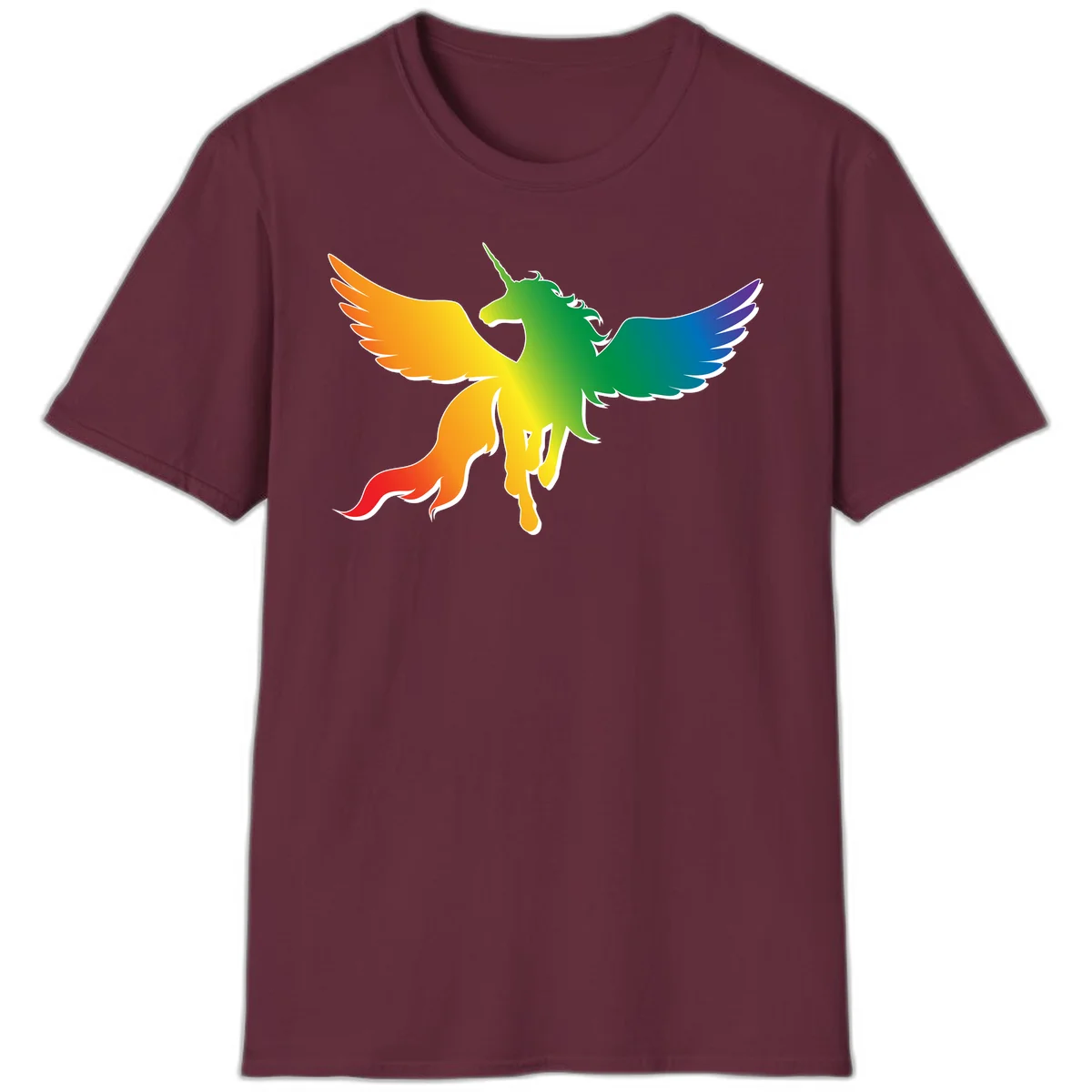 Rainbow-winged unicorn with flowing mane and horn, gradient colored from orange to purple in pride flag colors in Maroon
